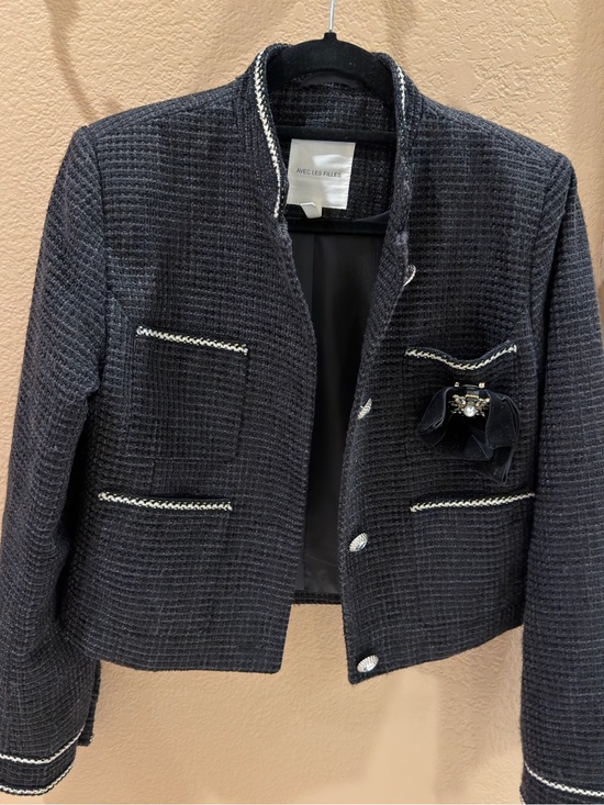 Avec Les Filles Jackets & Blazers - Avec Les Filles Black White Tweed Cropped Jacket Blazer S